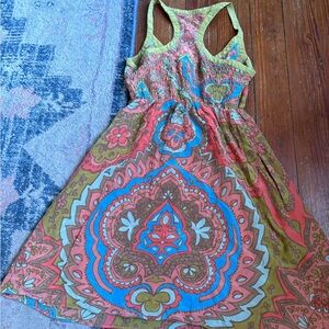 Anthropologie Coral, Turquoise & Olive Paisley Racerback Maxi Dress
